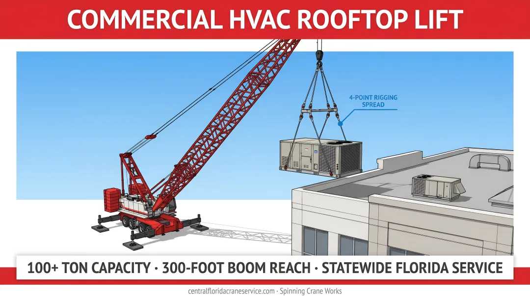 Large mobile crane lifting commercial rooftop HVAC unit onto commercial building roof