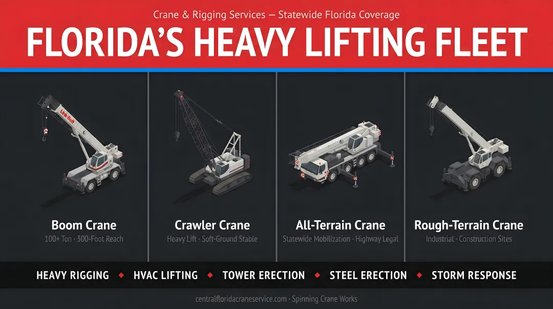 Sims Crane diverse fleet of all-terrain and crawler cranes on Florida job site