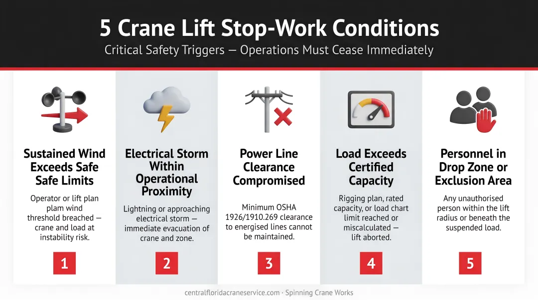 Five stop-work trigger conditions for critical crane lift operations safety