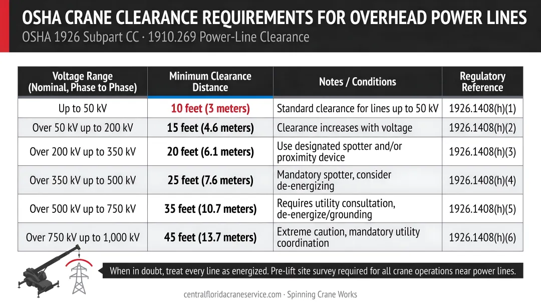 OSHA crane clearance requirements for overhead power lines distance chart