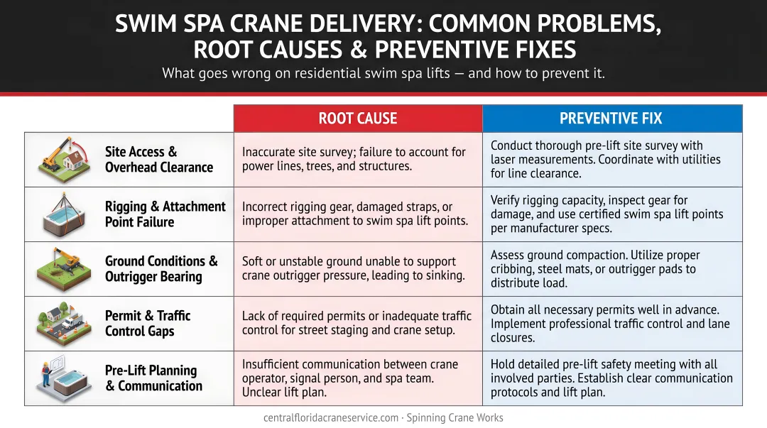 Swim spa crane delivery problems root causes and preventive fixes comparison table