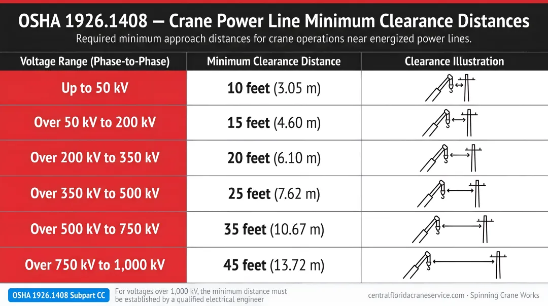 OSHA 1926.1408 crane power line minimum clearance distances by voltage level chart
