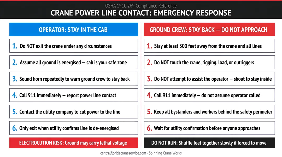 Emergency response steps for crane power line contact operator and ground crew