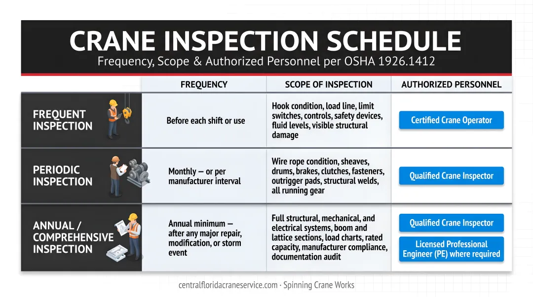 Three-tier crane inspection schedule infographic showing frequency scope and authorized personnel
