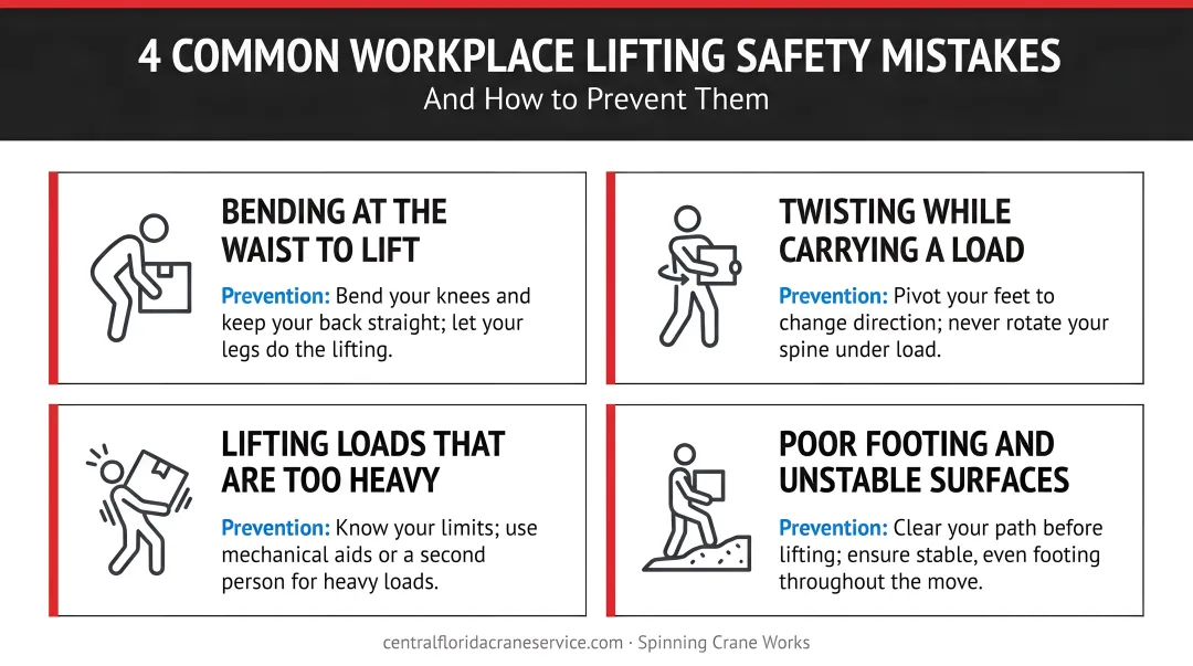 Four common workplace lifting safety mistakes with prevention tips infographic