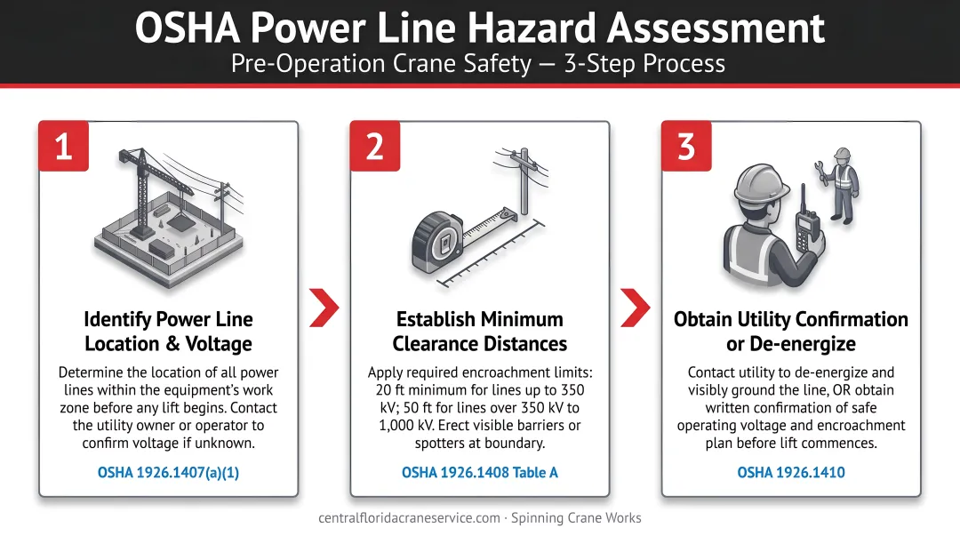 Three-step OSHA pre-operation crane power line hazard assessment process flow