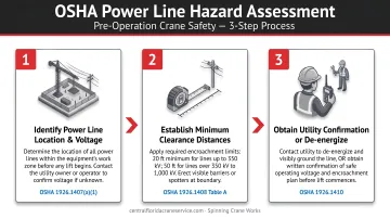 Three-step OSHA pre-operation crane power line hazard assessment process flow