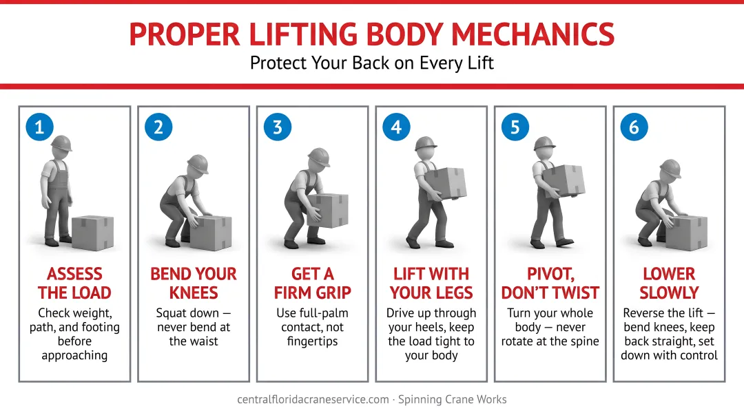 Step-by-step proper lifting body mechanics technique diagram for workers