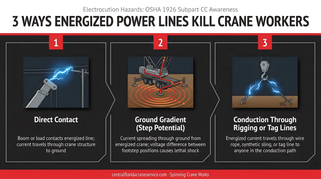 Three ways energized power lines kill crane workers electrocution diagram