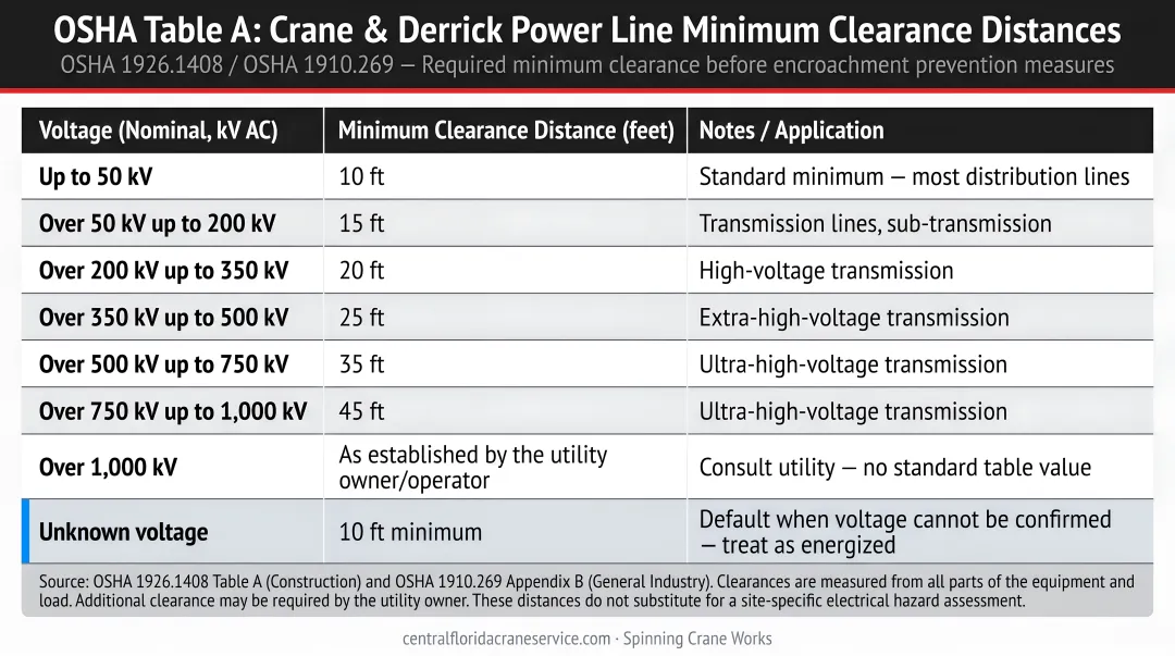 OSHA Table A crane power line minimum clearance distances by voltage level