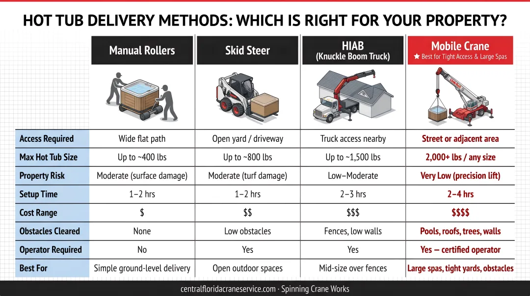 Hot tub delivery method comparison chart showing manual rollers skid steer HIAB and mobile crane