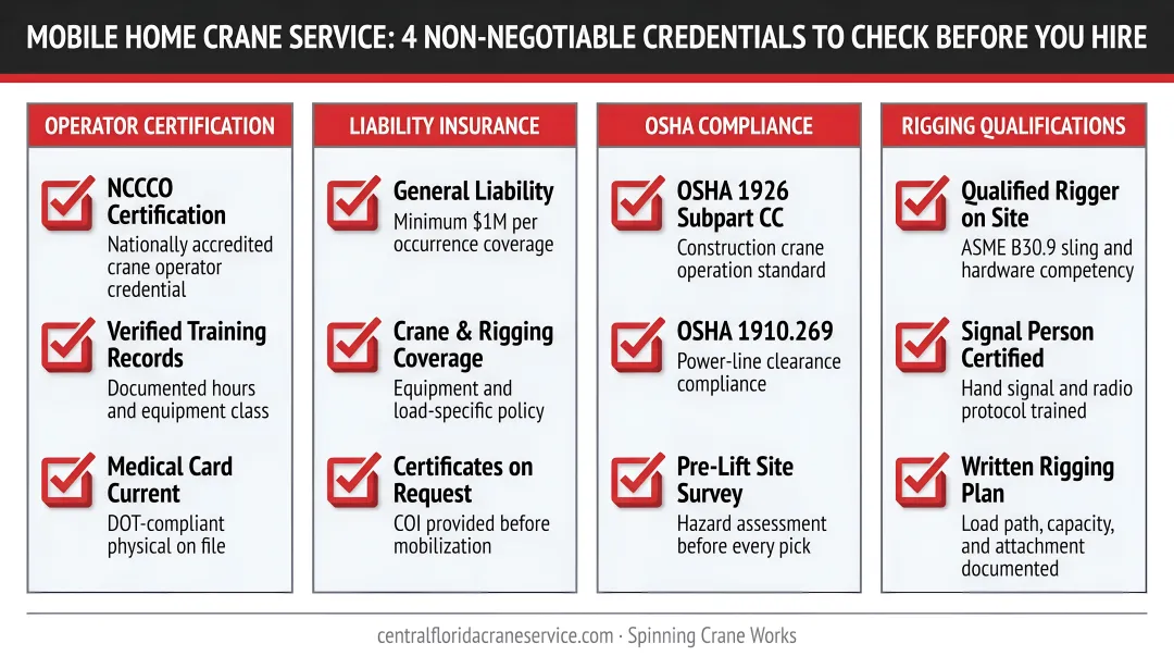 Mobile home crane service hiring checklist with four non-negotiable credential categories