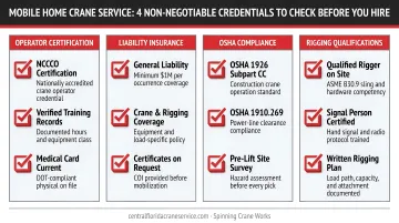 Mobile home crane service hiring checklist with four non-negotiable credential categories