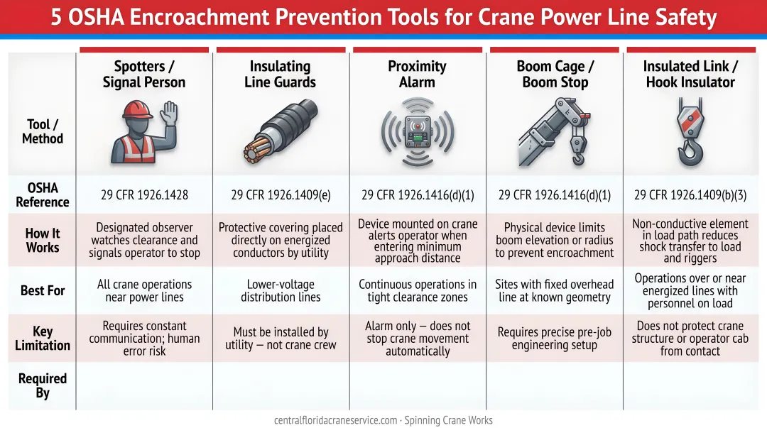 Five OSHA encroachment prevention tools for crane power line safety comparison chart