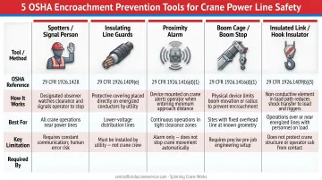 Five OSHA encroachment prevention tools for crane power line safety comparison chart