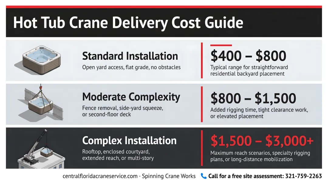Three-tier hot tub crane delivery cost ranges from standard to complex installations