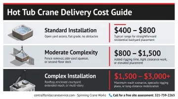 Three-tier hot tub crane delivery cost ranges from standard to complex installations