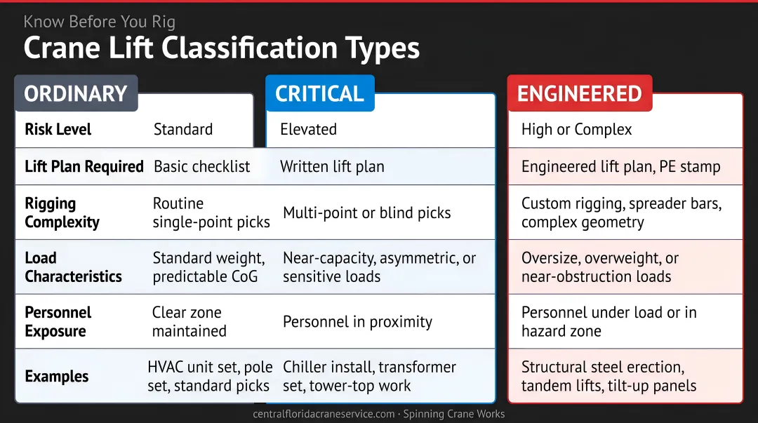 Three crane lift classification types comparison chart ordinary critical engineered