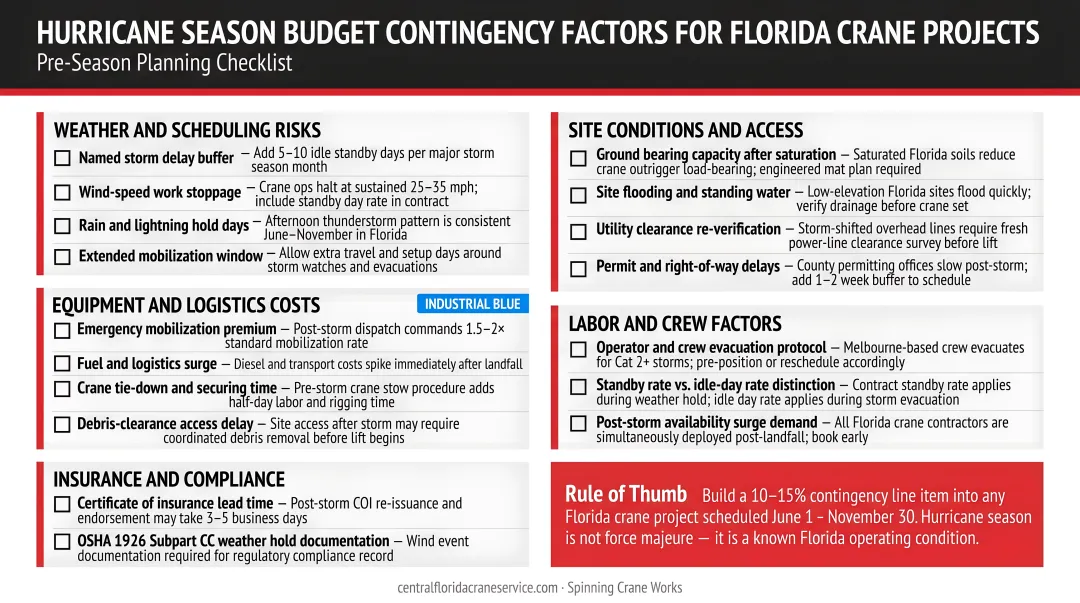 Crane service budget contingency factors checklist for Florida hurricane season projects