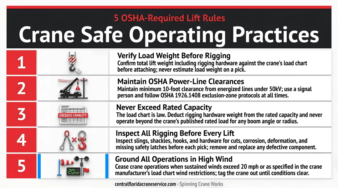 Core crane safe operating practices checklist infographic with five OSHA-required lift rules