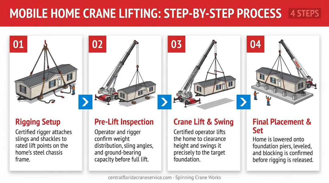 4-step mobile home crane lifting process from rigging setup to final placement