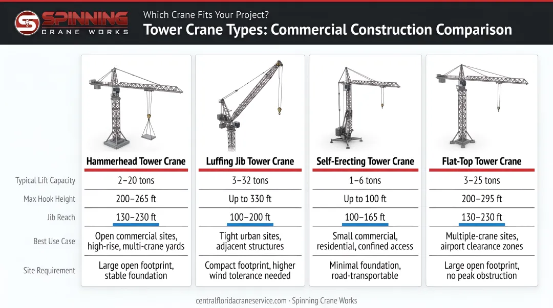 Four tower crane types comparison chart for commercial construction projects