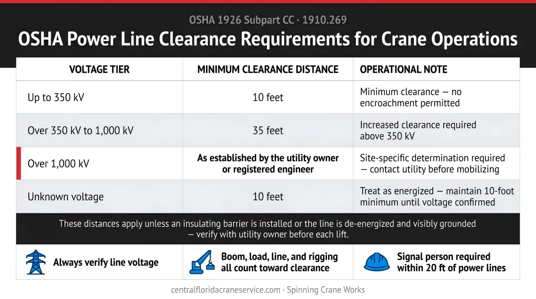 OSHA power line clearance distance requirements by voltage level for crane operations
