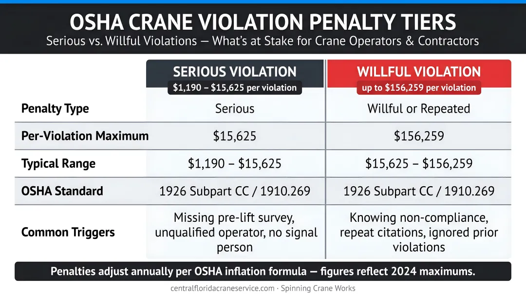 OSHA crane violation penalty tiers comparison showing serious versus willful violation fines