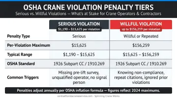 OSHA crane violation penalty tiers comparison showing serious versus willful violation fines