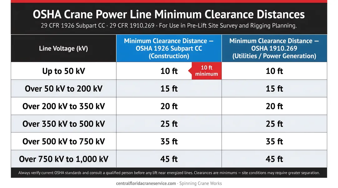 OSHA crane power line minimum clearance distances by voltage level chart