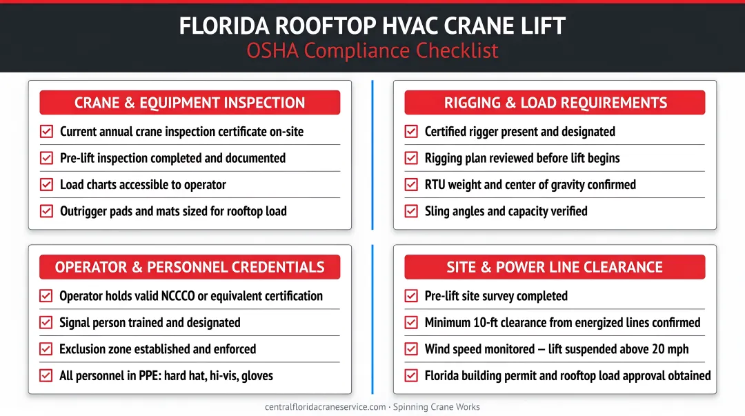 Florida rooftop HVAC crane lift compliance checklist with four OSHA requirement categories