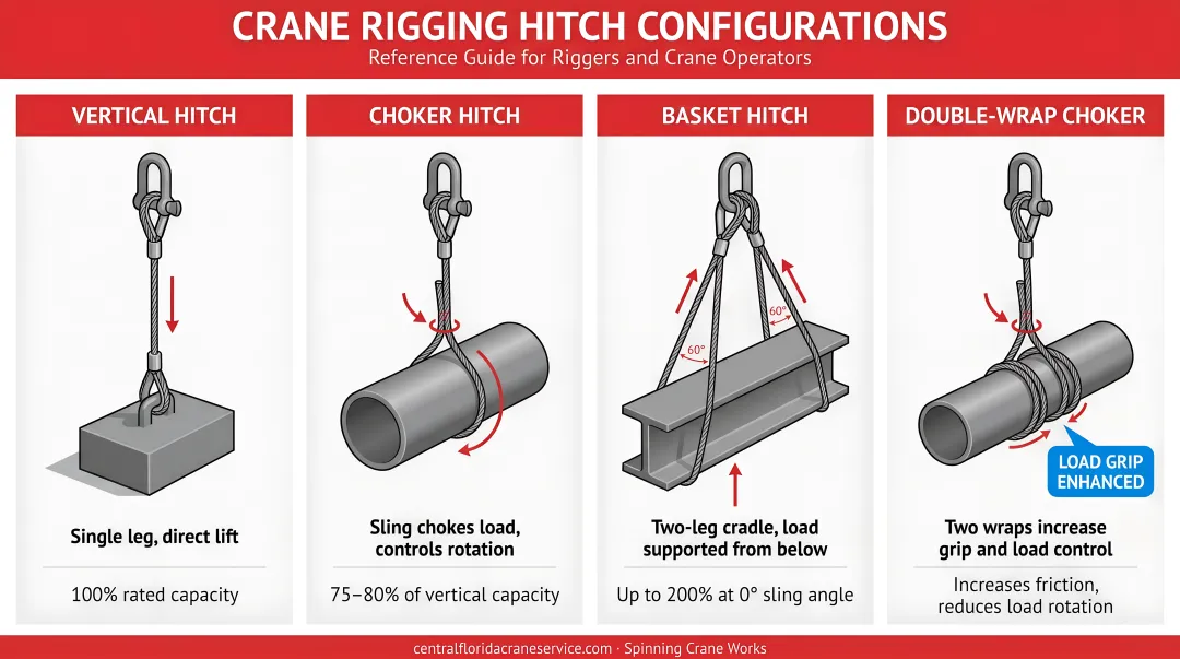 Four crane rigging hitch configurations vertical choker basket double-wrap illustrated
