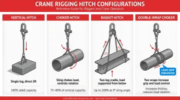 Four crane rigging hitch configurations vertical choker basket double-wrap illustrated