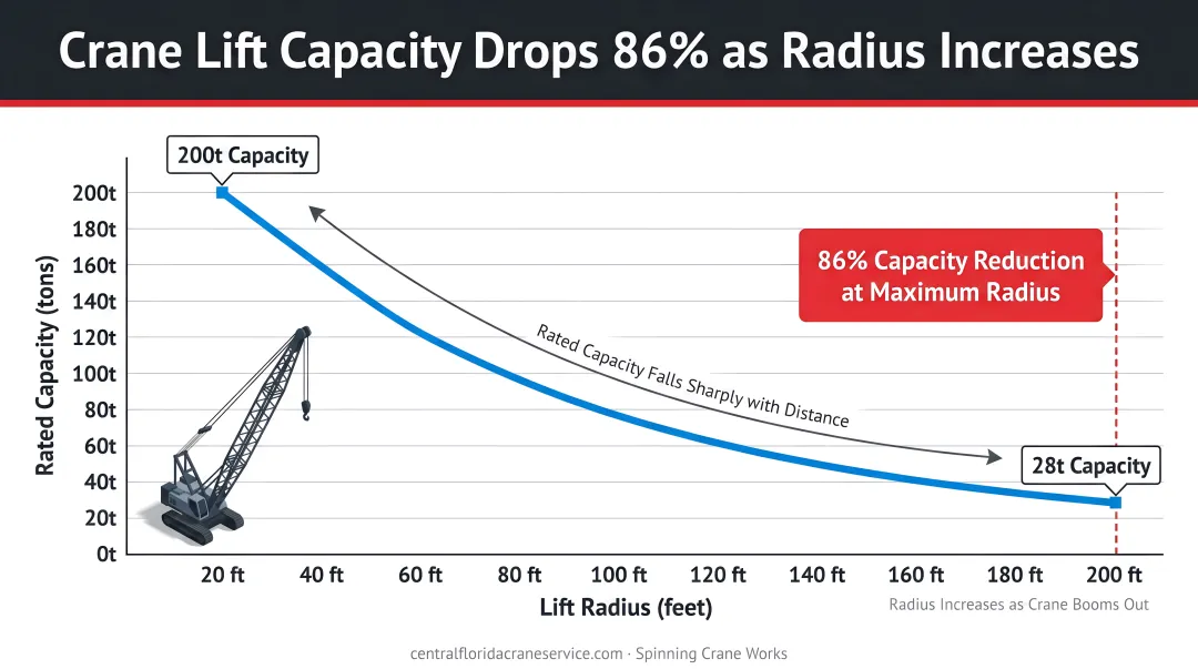 Crane lift radius versus capacity drop chart showing 86 percent reduction at distance