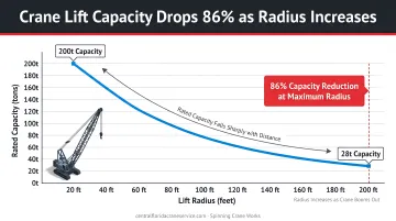 Crane lift radius versus capacity drop chart showing 86 percent reduction at distance