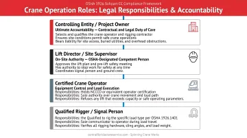 Four crane operation roles hierarchy infographic showing legal responsibilities and accountability