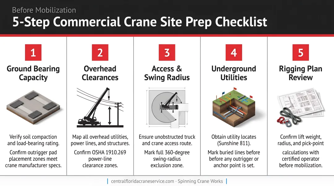 Five-step commercial crane site preparation checklist before mobilization infographic