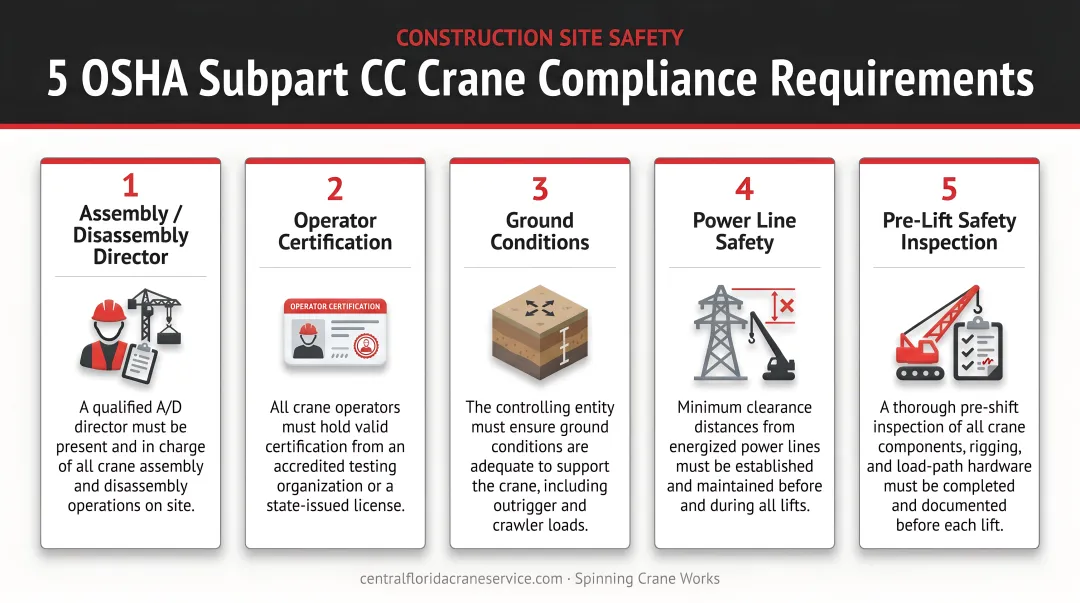 Five OSHA Subpart CC crane compliance requirements infographic for construction sites