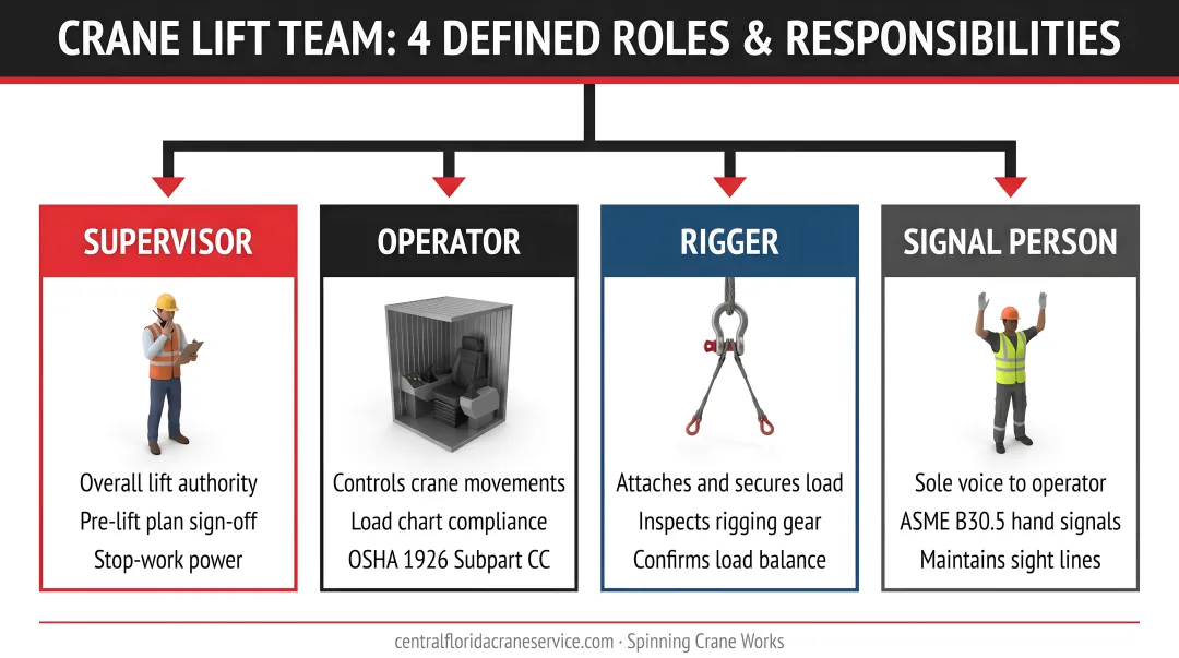 Crane lift team four defined roles operator rigger signal person supervisor hierarchy