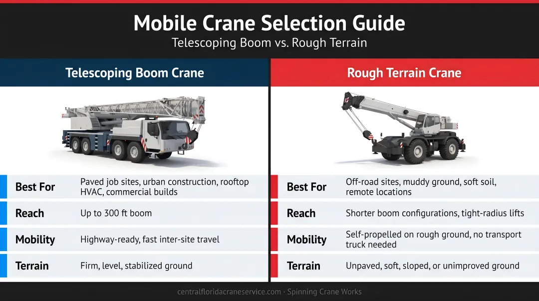 Mobile home crane selection guide comparing telescoping boom and rough terrain crane types