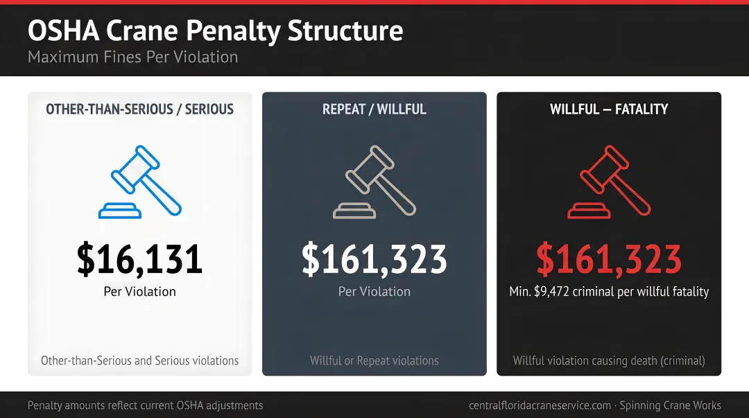 OSHA crane penalty structure three violation tiers with maximum fines per violation