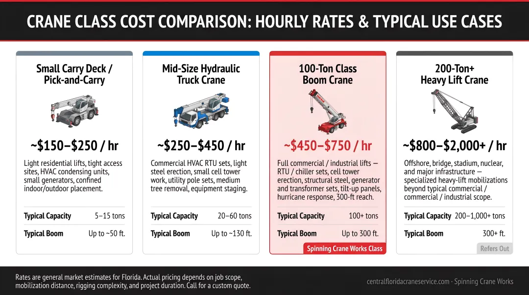 Four crane class cost comparison chart with hourly rates and use cases