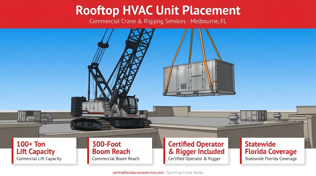 Spinning Crane Works boom crane performing rooftop HVAC unit placement at height