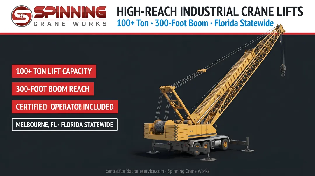 Spinning Crane Works our crane boom crane performing high-reach industrial lift on job site