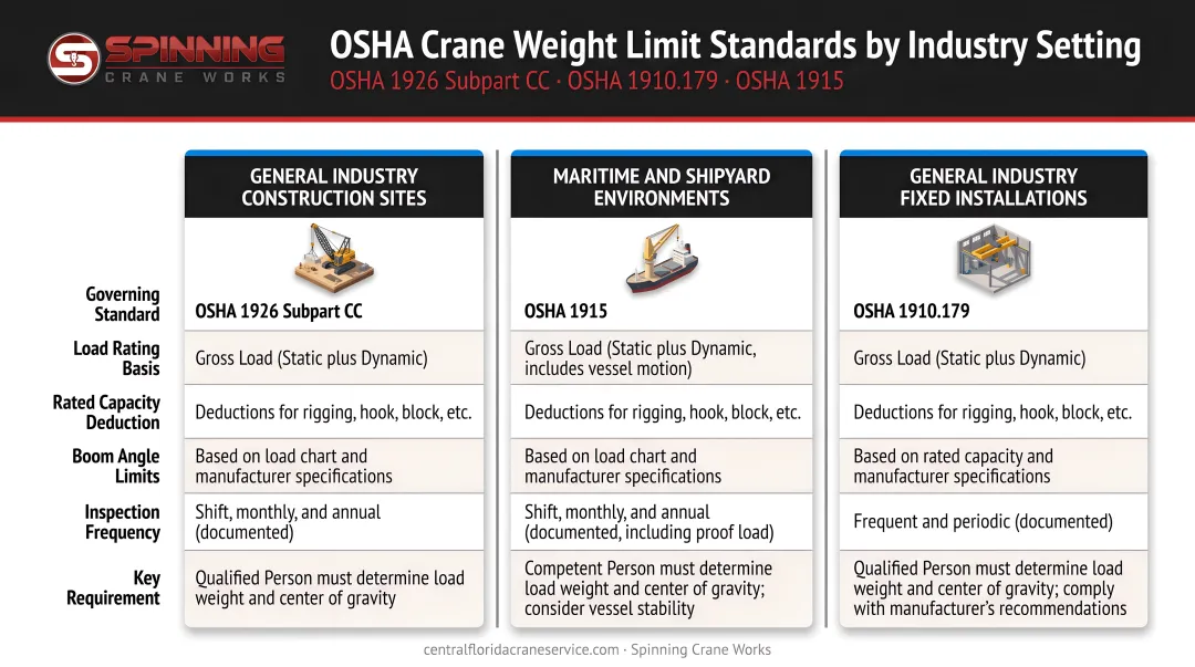 Three OSHA crane weight limit standards comparison table by industry setting