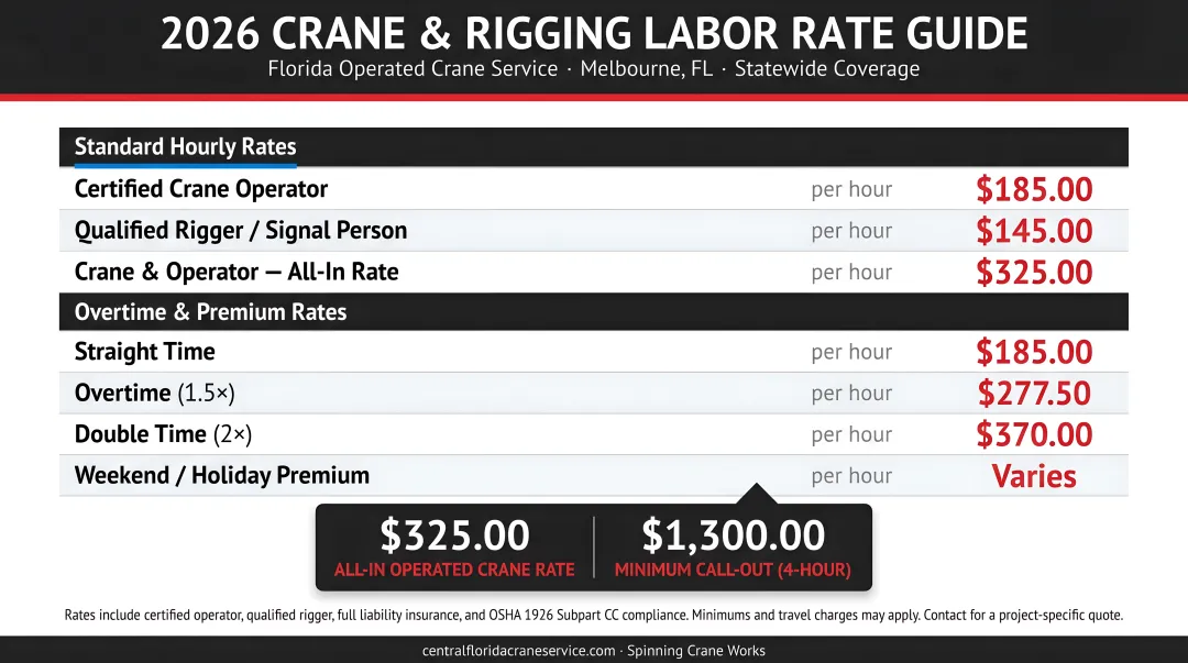 2026 rigging labor and crane rental hourly rate breakdown infographic