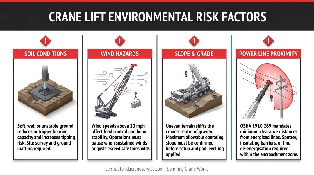 Crane lift environmental risk factors infographic covering soil wind slope and power line hazards