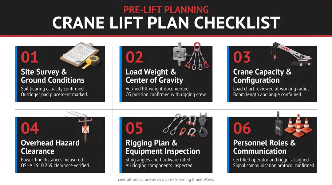 6-component crane lift plan checklist infographic for pre-lift planning