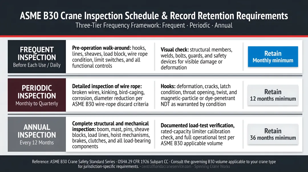 Three-tier ASME B30 crane inspection schedule with retention requirements infographic