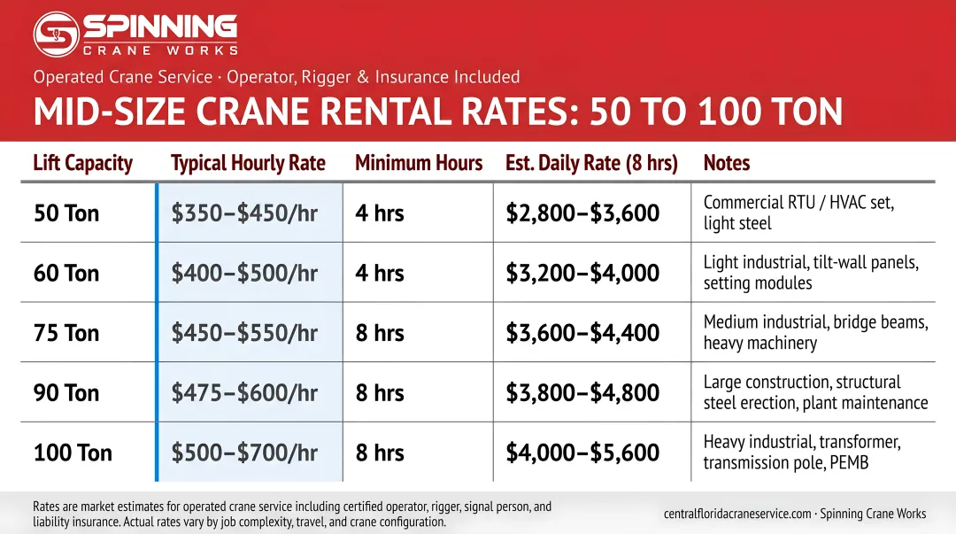 Mid-sized crane hourly rental rate comparison table 50 to 100 tons